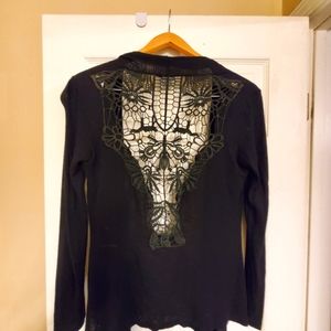 Black Open Front Cardigan Laced Cut Out Back